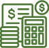 A green and black icon of a calculator, money, and a document.