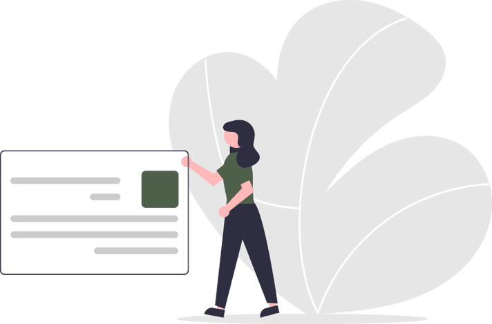 A woman standing next to a leaf and a board.
