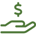A green dollar sign sitting on top of a hand.